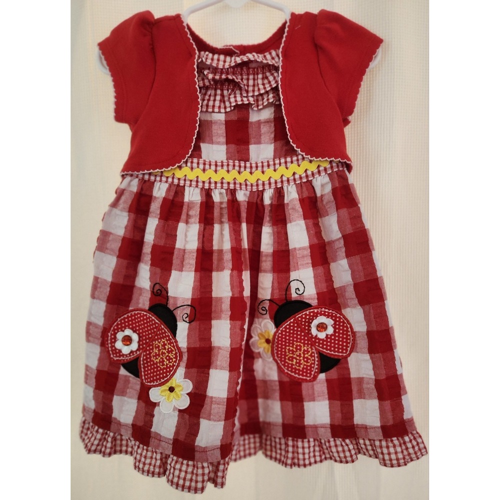 Youngland Red Check Ladybug Dress With‎ Bloomers, Mock Jacket, Ruffles